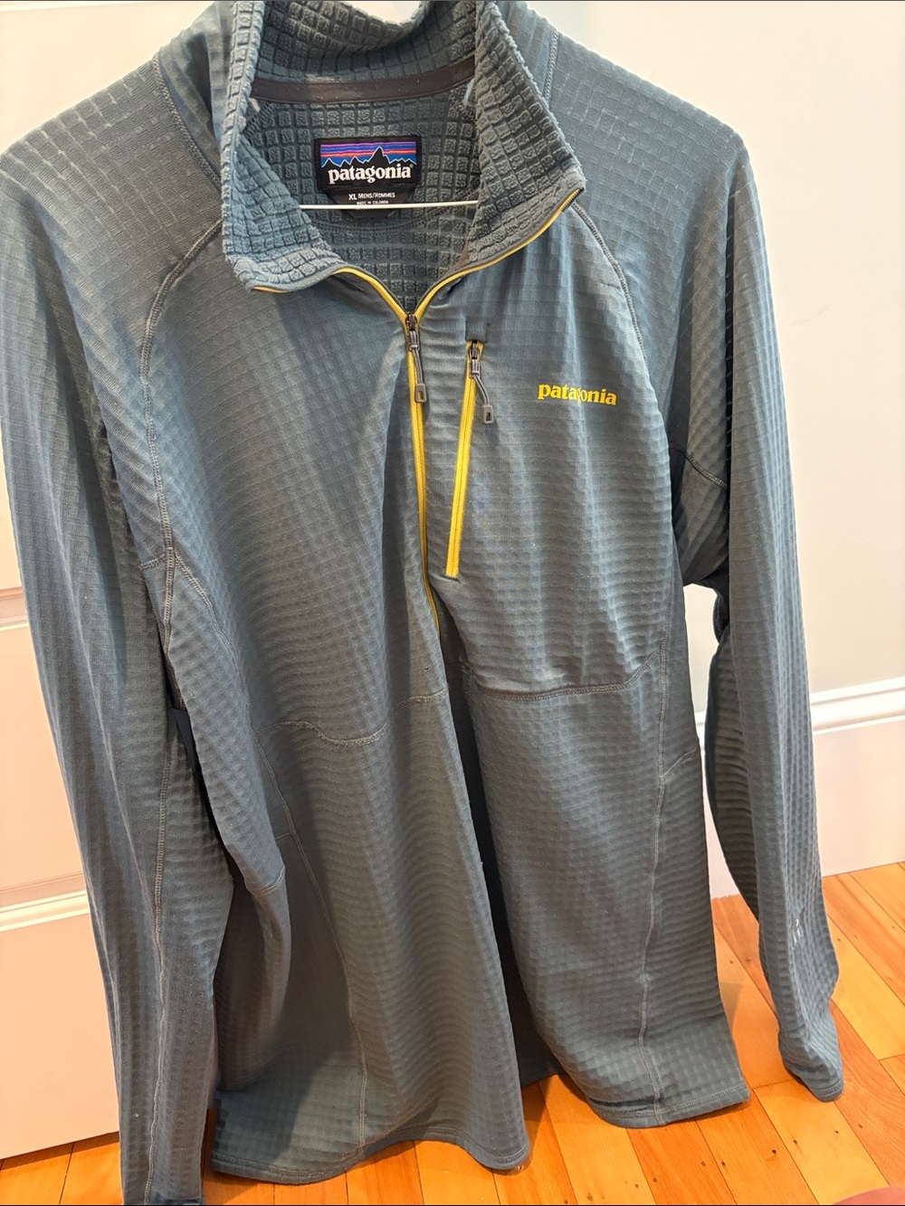 Patagonia R1 Blue-Gray Performance Quarter-Zip with Yellow Accents